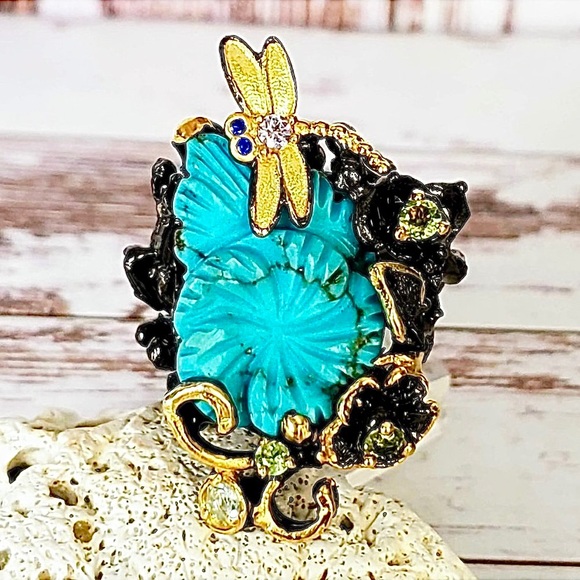 Strerling & 14 kt Dragonfly Turquoise Ring - Picture 3 of 7